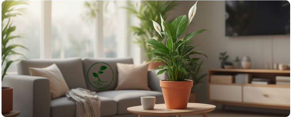 نگهداری اسپاتی فیلوم (Spathiphyllum) و راهکارهای رفع مشکلات آن 6 گیاه اسپاتی فیلوم در گلدان نارنجی روی میز قهوهخوری در اتاق نشیمن