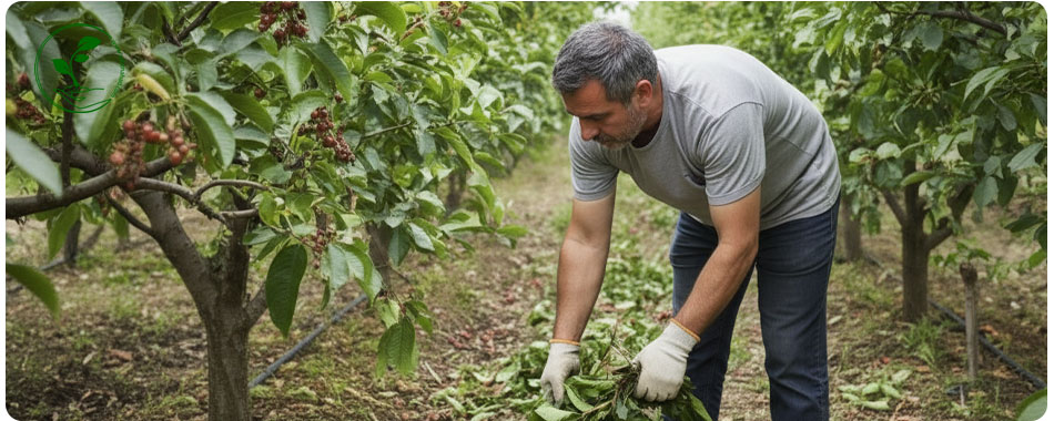آنتراکنوز برگ؛ دشمن خاموش گیاهان (شناسایی و درمان قطعی) 5 باغبان در حال جمعآوری برگهای آلوده به قارچ برای پیشگیری از گسترش بیماری