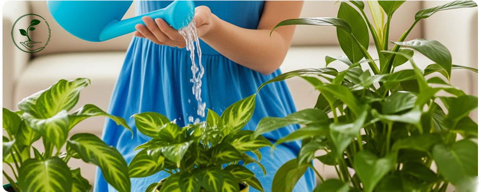 دستانی در حال آبیاری ملایم یک گیاه آپارتمانی شاداب با آبپاش کوچک، نشان‌دهنده تکنیک صحیح آبیاری و مراقبت از گیاهان آپارتمانی در تابستان.