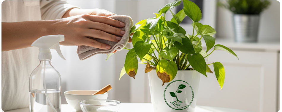 دستانی در حال تمیز کردن برگهای زرد و آسیبدیده یک گیاه آپارتمانی با محلول خانگی، نشاندهنده درمانهای خانگی بیماری گیاهان آپارتمانی.