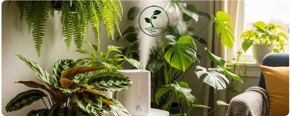 گیاهان مقاوم به نور کم: انتخابی ایدهآل برای خانهها و محیطهای کمنور 6 مجموعهای از گیاهان آپارتمانی شامل سرخس، کالاتیا و مانسترا در گوشهای از اتاق، در حالی که یک دستگاه بخور در حال کار کردن است.