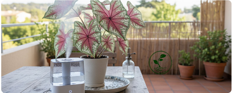 راهنمای ساده و کامل نگهداری گل کالادیوم (گوش فیلی) گیاه 3 کالادیوم با دستگاه بخور در تراس