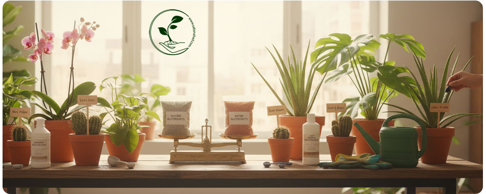 راهنمای جامع روتین کوددهی گیاهان آپارتمانی و باغچه (صفر تا صد تغذیه) 5 گیاهان آپارتمانی مختلف روی میز، با ابزارهای کوددهی و ترازو که تعادل مواد مغذی را نشان میدهد.