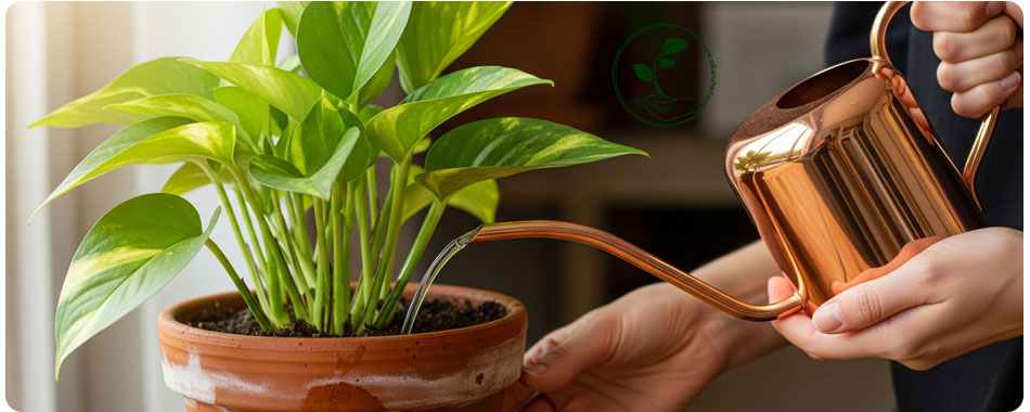 نگهداری پتوس: راهنمای کامل تقویت، رشد انفجاری و مراقبت در زمستان 3 تصویر اینفوگرافیک با عنوان 'آبیاری پتوس در خاک' نشاندهنده نحوه صحیح آبیاری و توصیه به خشک شدن خاک بین دو آبیاری