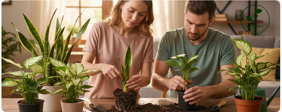 گیاهان مقاوم به نور کم: انتخابی ایدهآل برای خانهها و محیطهای کمنور 8 پاجوش یک گیاه در حال جدا شدن از ریشه گیاه مادر برای کاشت مجدد، در پسزمینهای با ابزار باغبانی.