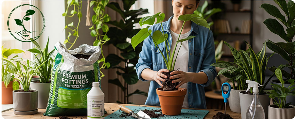 گیاهان مقاوم به نور کم: انتخابی ایدهآل برای خانهها و محیطهای کمنور 5 تصویری از یک فرد در حال رسیدگی به گیاهان آپارتمانی با استفاده از ابزارها و لوازم مختلف مانند خاک گلدان و کود مایع.