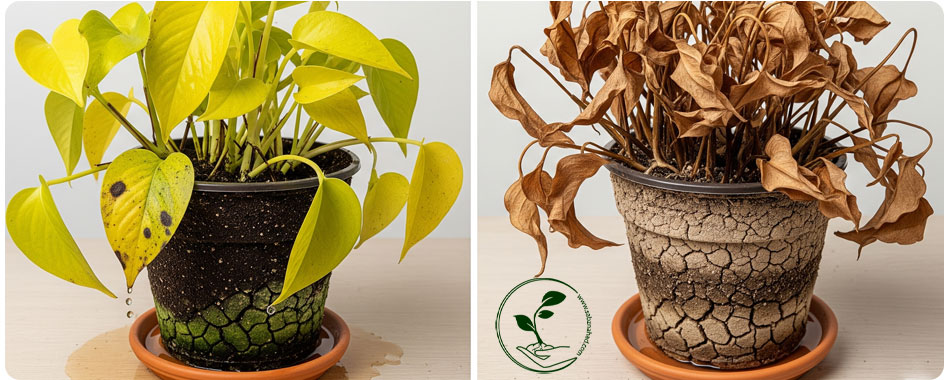 نگهداری پتوس: راهنمای کامل تقویت، رشد انفجاری و مراقبت در زمستان 4 تصویری دوگانه از نگهداری پتوس با برگهای زرد (آبیاری بیش از حد) و برگهای خشک و قهوهای (کمآبی)