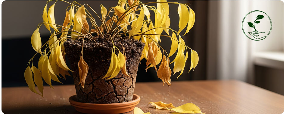 گیاهان مقاوم به نور کم: انتخابی ایدهآل برای خانهها و محیطهای کمنور 7 گیاه زرد و پژمرده در گلدان با خاک خشک.