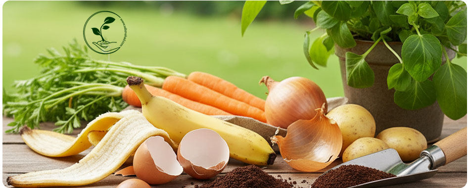 مواد ارگانیک آشپزخانه (پوست موز، تخممرغ، تفاله قهوه) برای ساخت کودهای خانگی
