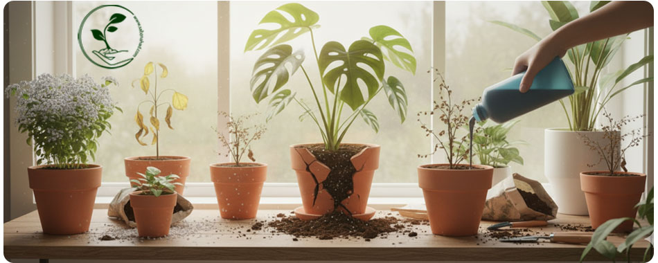 راهنمای جامع روتین کوددهی گیاهان آپارتمانی و باغچه (صفر تا صد تغذیه) 8 دستهای که کود مایع (کود غلیظ) را مستقیماً روی سطح خشک خاک گلدان میریزد؛ نشاندهنده اشتباه مهلک و سوختگی احتمالی ریشه در روتین کوددهی گیاه آپارتمانی.