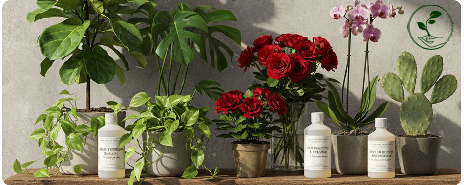 راهنمای جامع روتین کوددهی گیاهان آپارتمانی و باغچه (صفر تا صد تغذیه) 9 انواع گیاهان (برگدار، گلدار، ساکولنت) کنار کودهای مختلف روی میز چوبی.