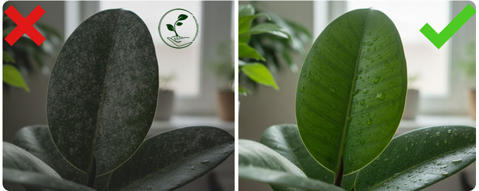 تمیز کردن برگ گیاهان با ۵ معجزه طبیعی: (آبلیمو، سرکه و راهکار طلایی) 2 اهمیت تمیز کردن برگ گیاهان: مقایسه برگ کثیف و تمیز برای سلامت گیاه.