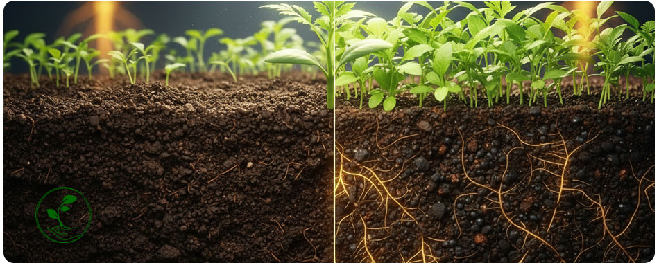 بهترین کود برای رشد سریع ریشه: راهنمای تخصصی انتخاب محرکهای ریشهزا (هورمون و کود) 4 اسید هیومیک ساختار فیزیکی خاک را بهبود میبخشد