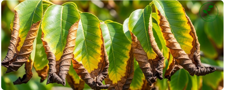 چرا پستههای شما بار نمیدهند؟ معرفی بهترین کود ضد شوری خاک برای باغهای پسته 2 سوختگی نوک برگ درختان یکی از علل عدم استفاده از کود ضد شوری خاک