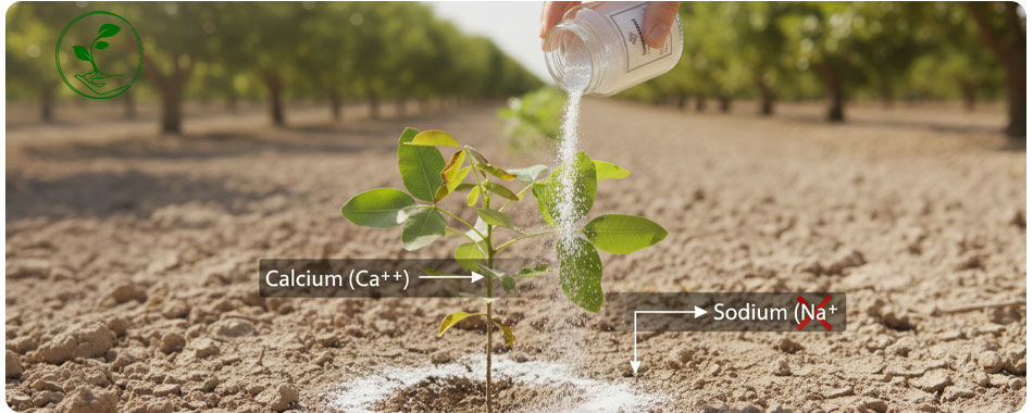 چرا پستههای شما بار نمیدهند؟ معرفی بهترین کود ضد شوری خاک برای باغهای پسته 3 مکانیسم کار بهترین کود ضد شوری خاک برای باغهای پسته، بر پایه جابجایی شیمیایی سدیم مضر با کلسیم مفید است